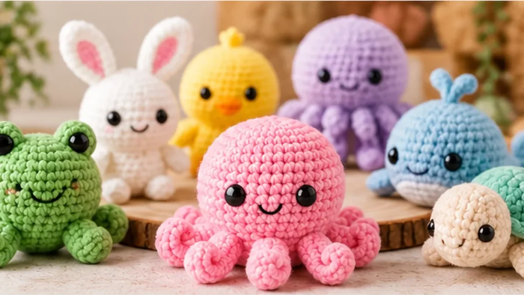Colorful no sew amigurumi animals including frog bunny duck octopus whale and turtle