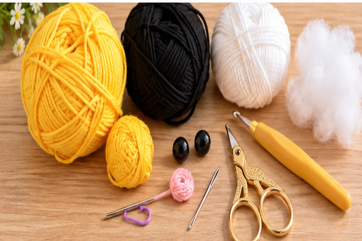 Yellow black and white yarn crochet hook stuffing safety eyes scissors needle and stitch marker for a no sew bee