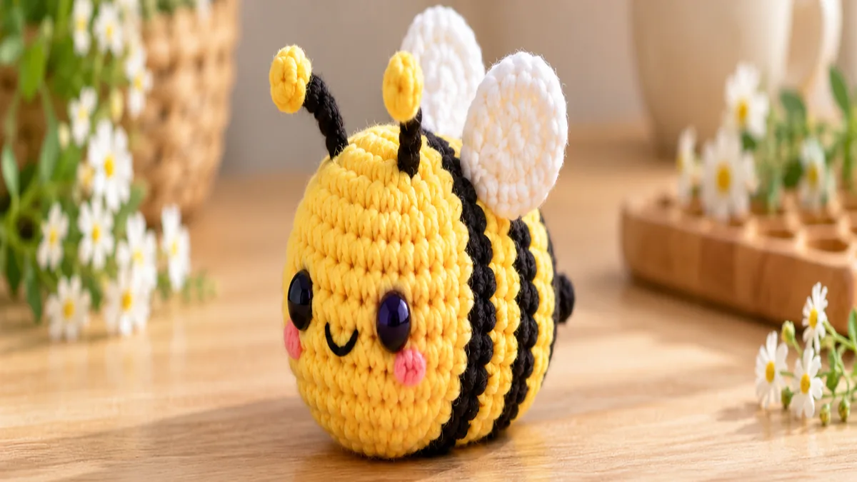 Cute yellow and black no sew crochet bee with white wings on a warm wooden background