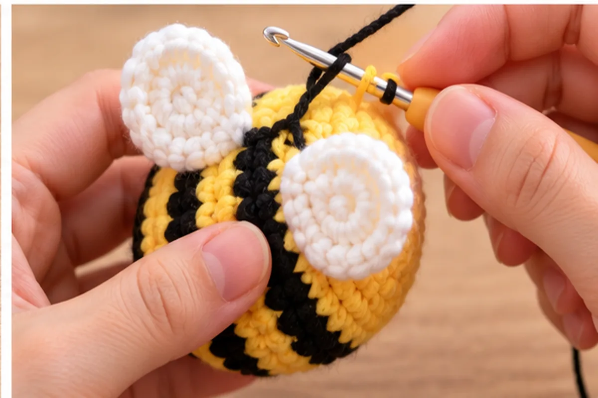 Hands crocheting the striped body and wing area of a no sew bee amigurumi