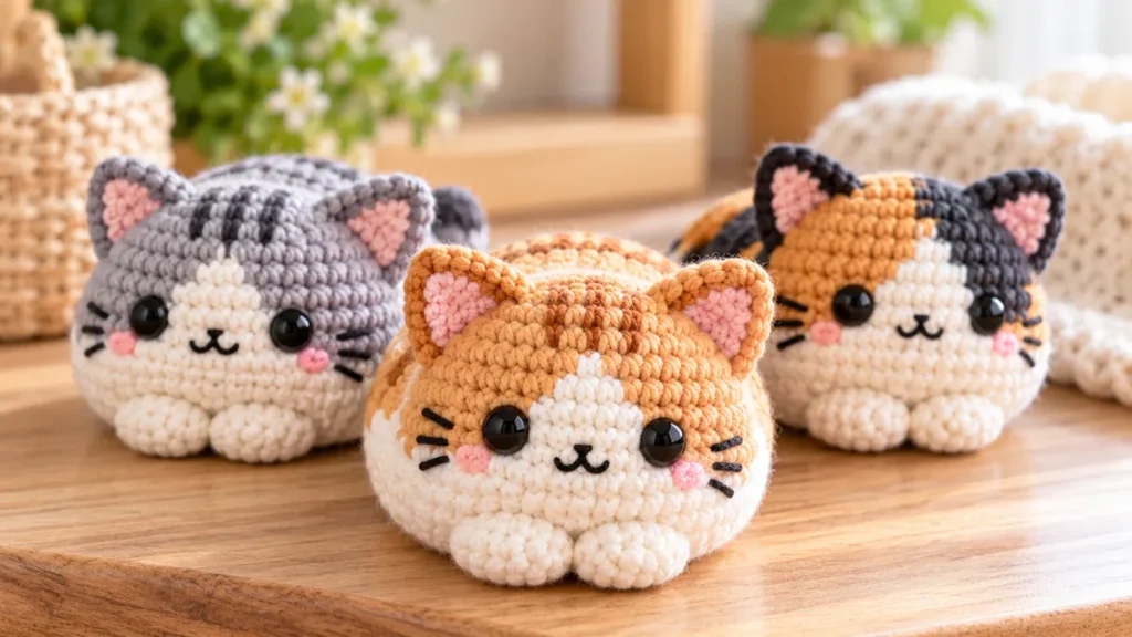 Three cute no sew crochet loaf cats in orange gray and calico yarn on a warm wooden table