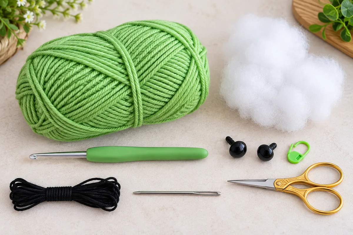 Materials for a no sew frog crochet pattern including green yarn hook stuffing safety eyes stitch marker needle scissors and black thread