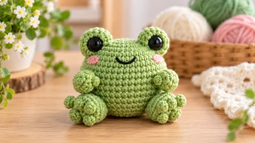 Green no sew crochet frog amigurumi with built-in limbs on a warm craft table