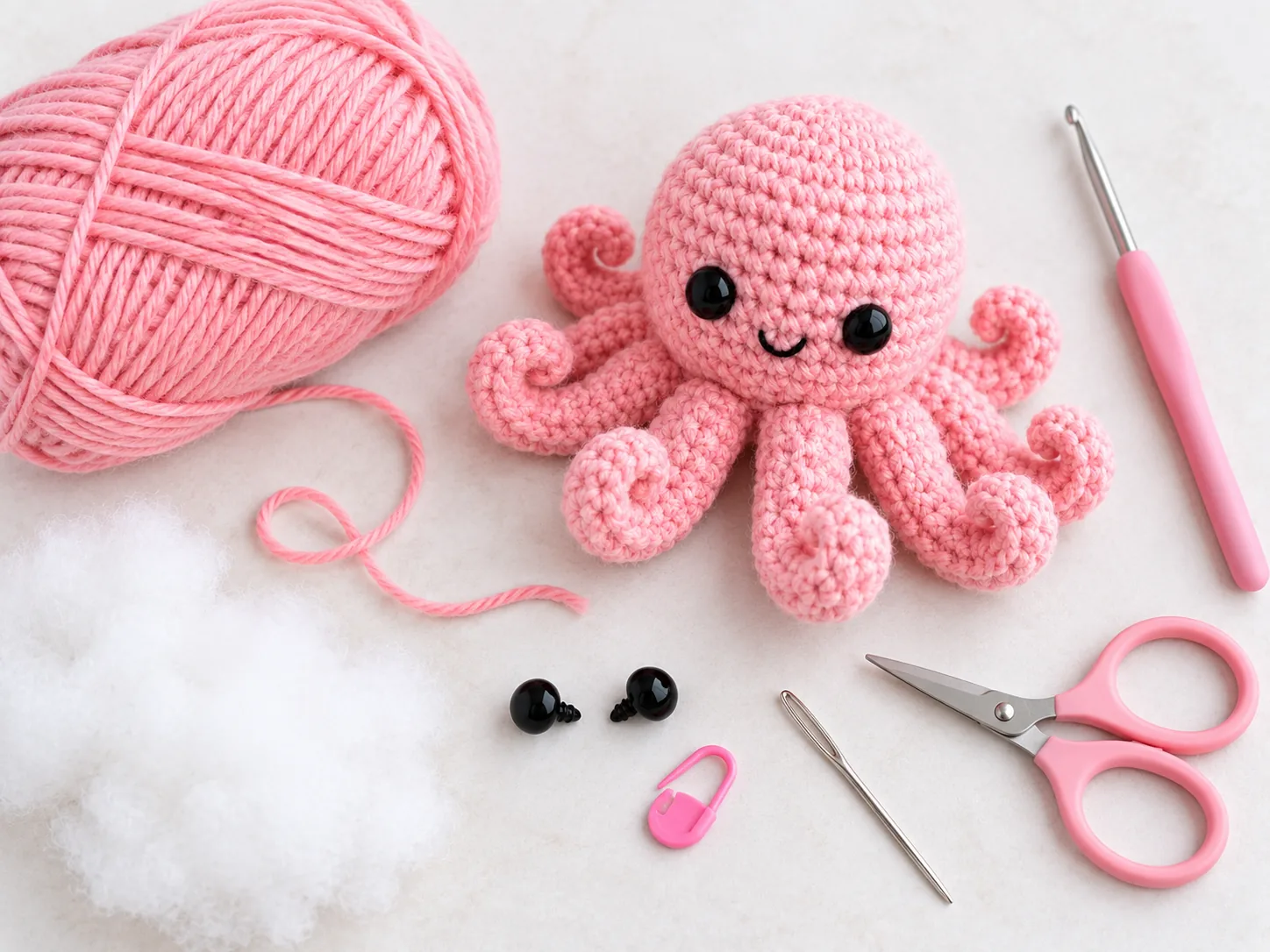 Crochet materials for a no sew octopus including pink yarn hook stuffing safety eyes scissors needle and stitch marker