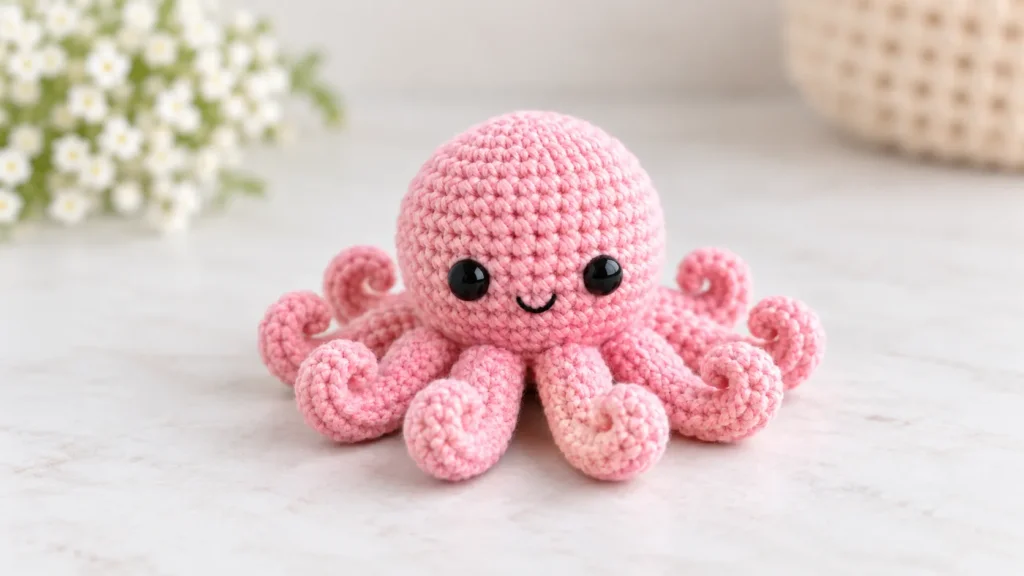Pink no sew octopus amigurumi centered on a soft neutral background