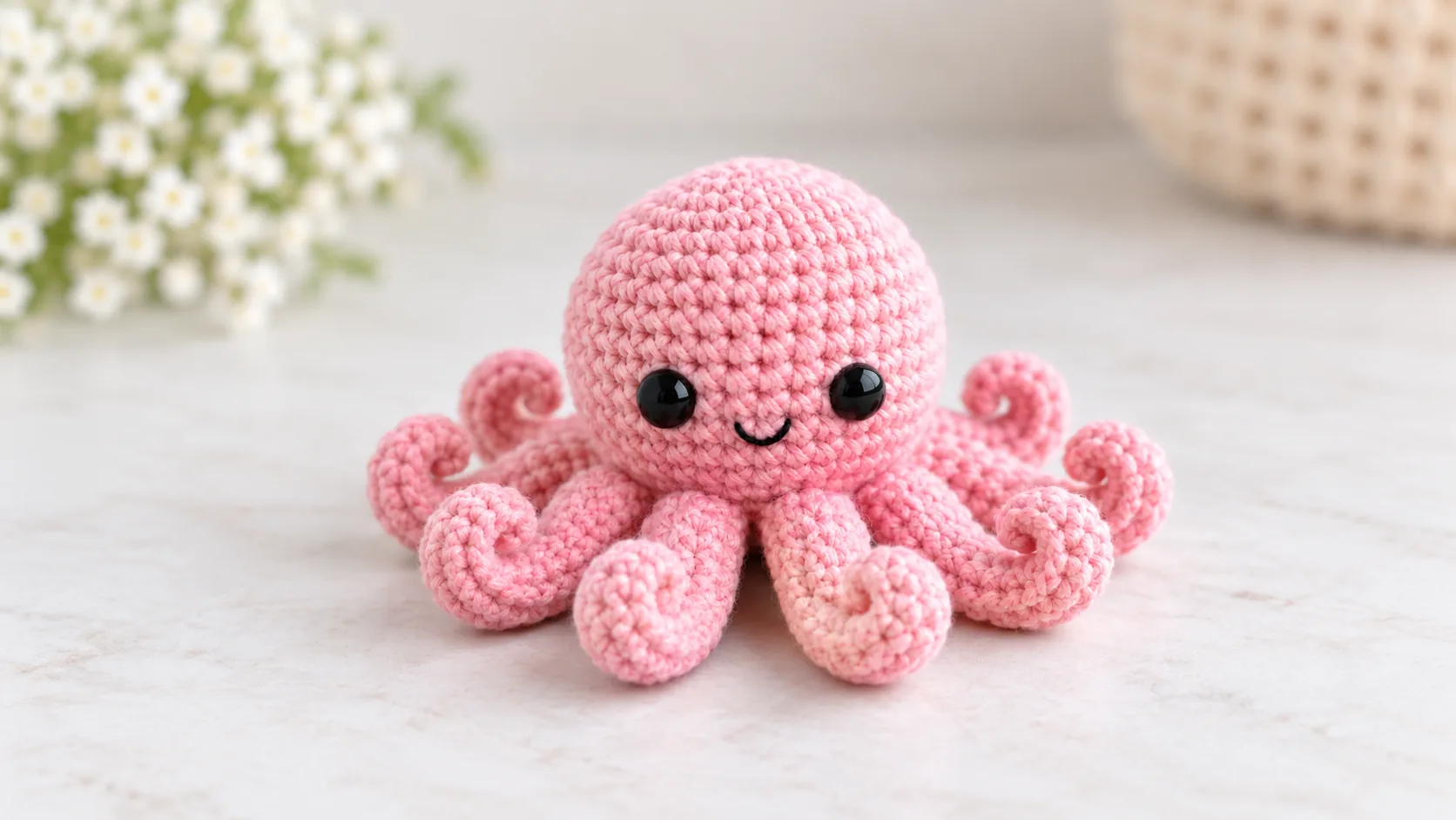 Pink no sew octopus amigurumi centered on a soft neutral background