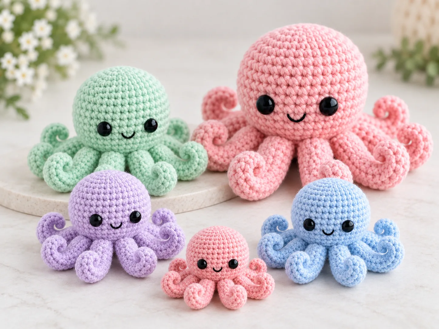 No sew crochet octopus variations in pink mint lavender and blue with different finished sizes