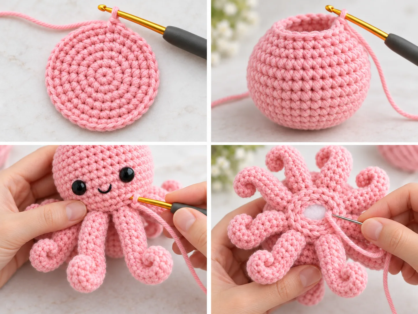 Step by step no sew octopus crochet process showing body shaping tentacles and bottom closure