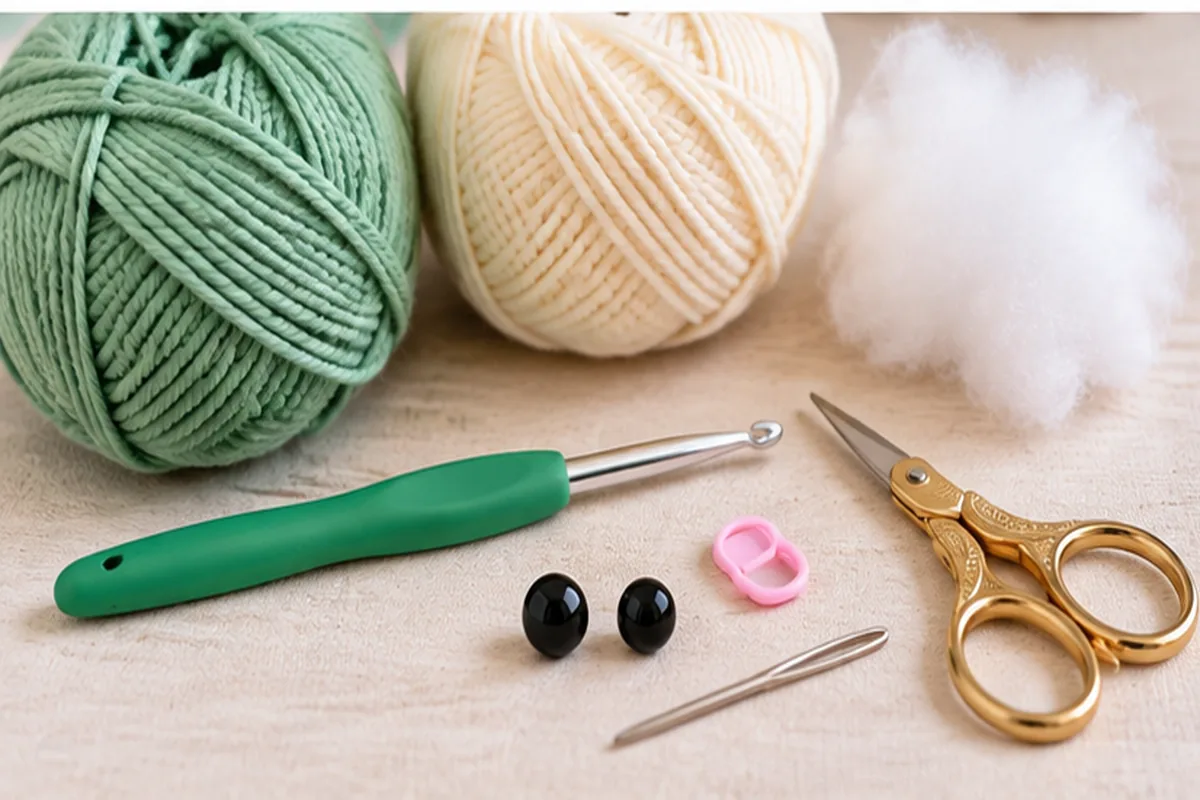 Green and cream yarn crochet hook stuffing safety eyes scissors needle and stitch marker for a no sew turtle