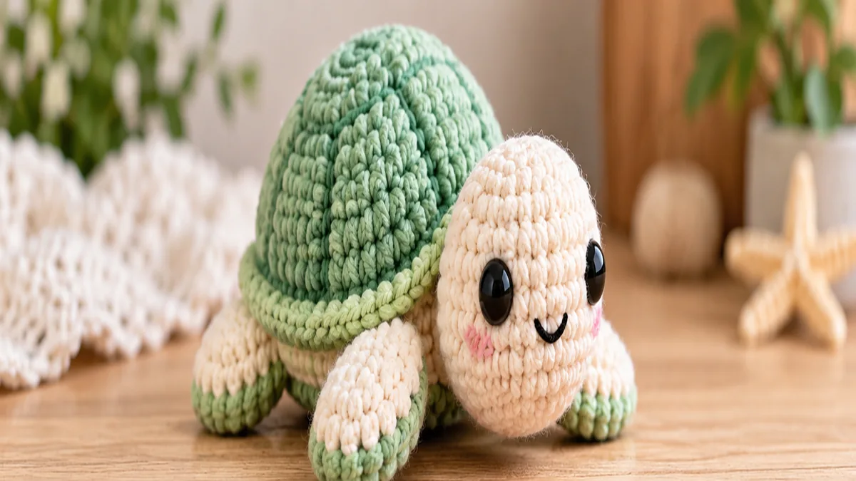Cute no sew crochet turtle with green shell and cream head on a warm wooden background