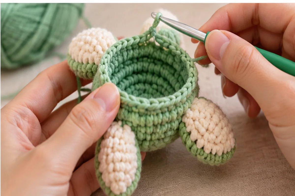 Hands crocheting the green shell of a no sew turtle amigurumi with cream limbs attached