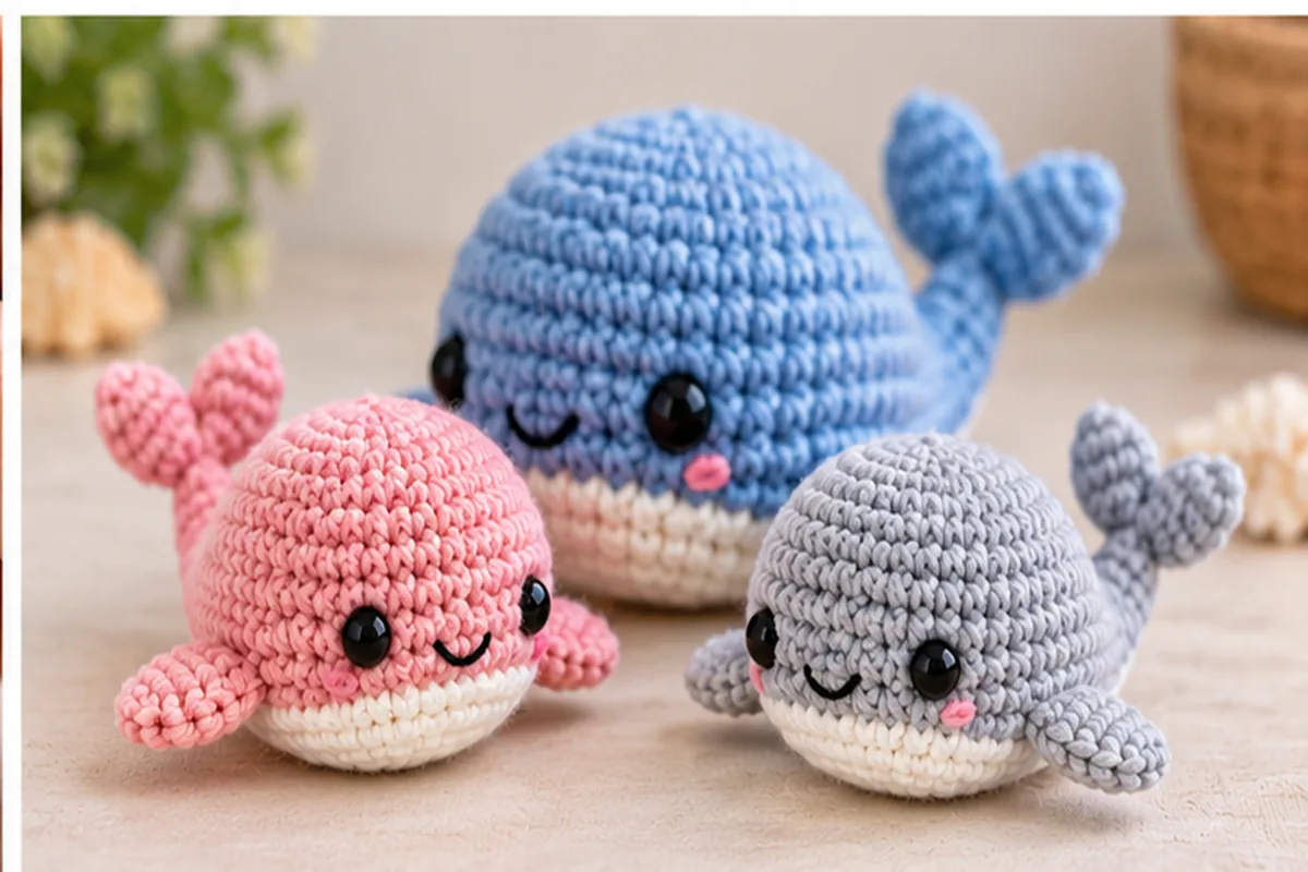 Blue pink and gray no sew crochet whale amigurumi in different sizes and colors