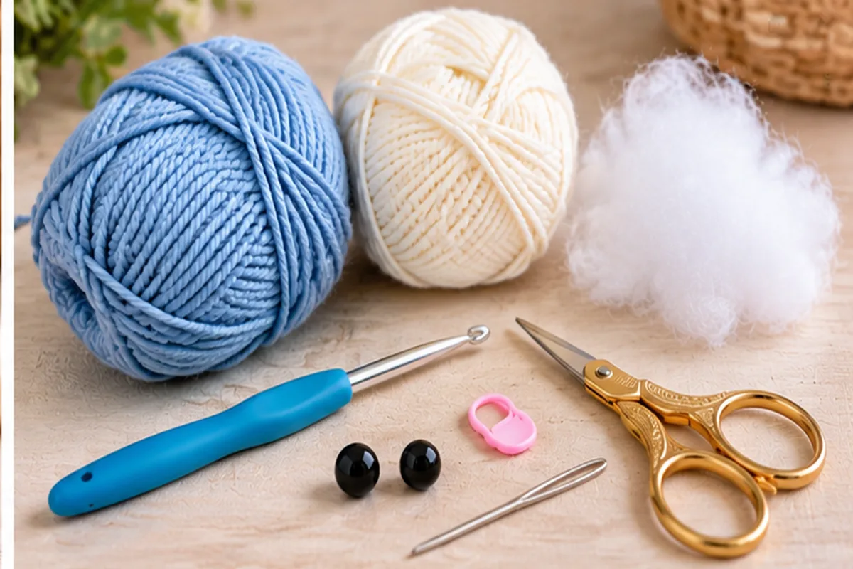 Blue and cream yarn crochet hook stuffing safety eyes scissors needle and stitch marker for a no sew whale