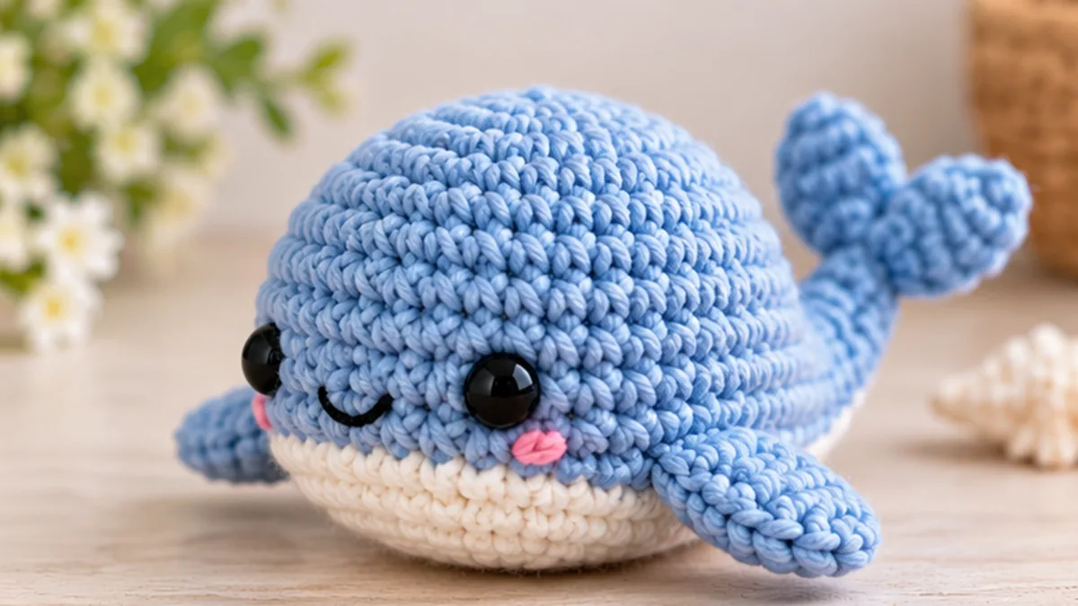 Cute blue no sew crochet whale with cream belly fins and tail on a light wooden background