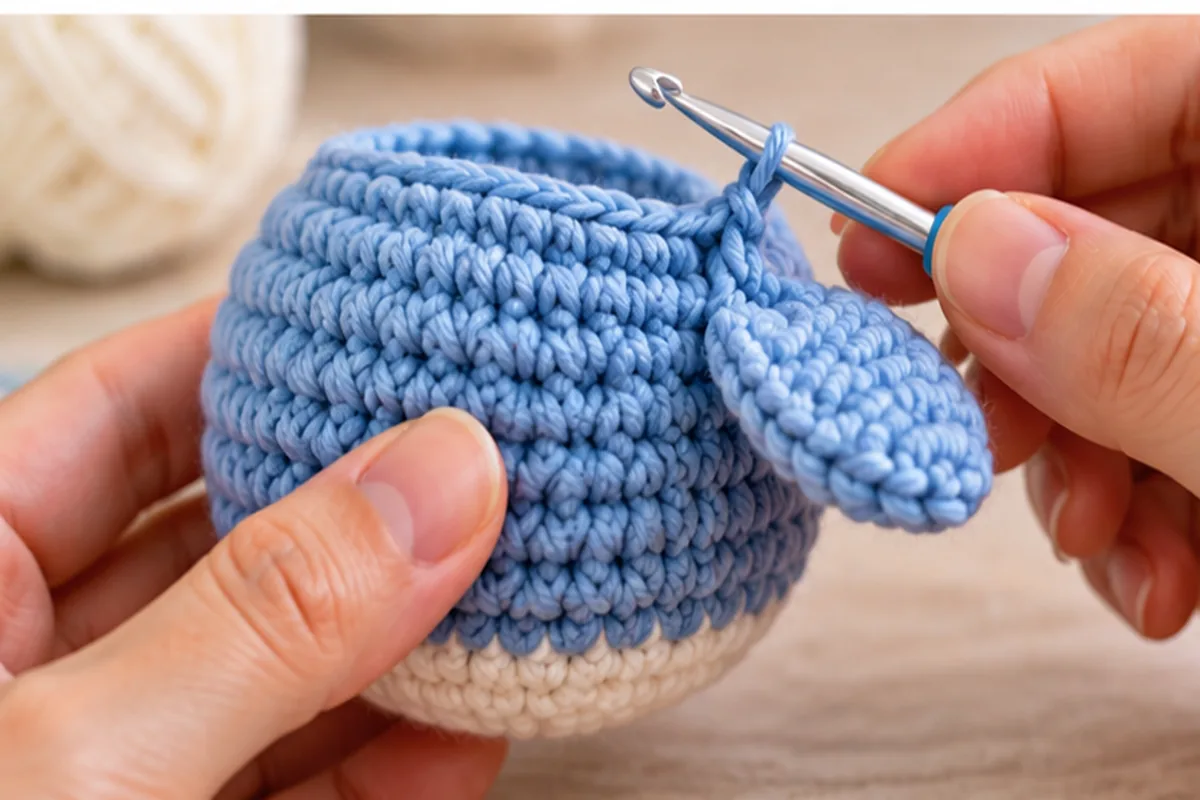 Hands crocheting a blue whale body with an integrated side fin
